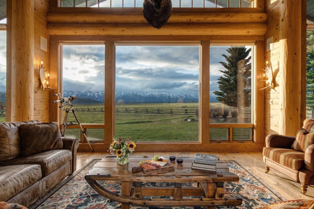 The living room in our 5 bed vacation rentals in Teton Village